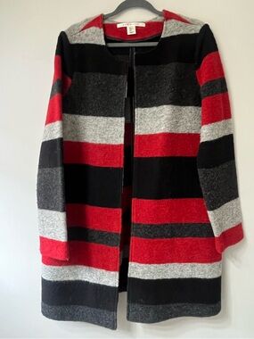 Max Studio Wool Blend Red Black Gray Long Open-Front Cardigan